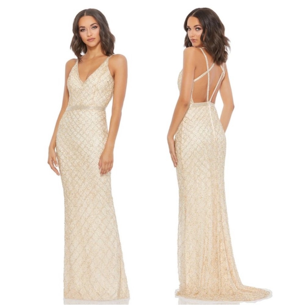 Mac Duggal 5374 lattice pattern beaded gown in gold. Size 0 #formalwear #prom